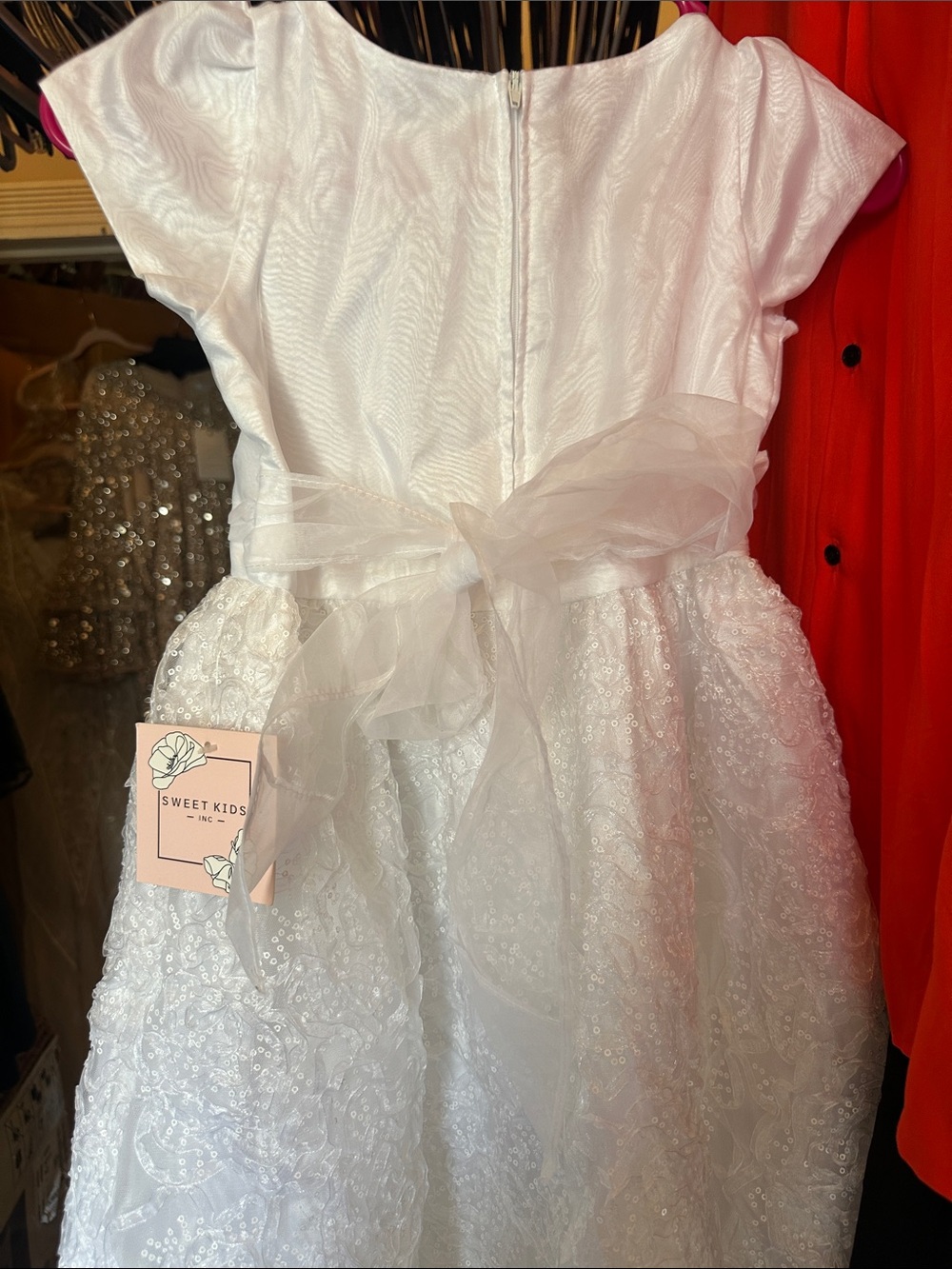 💜B BNWT SWEET KIDS White Girls' Lace Party Dress with Organza Sash